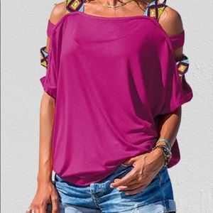 New Women’s Plus XL Cold Shoulder Top Magenta With Colorful Accent Sleeve Straps